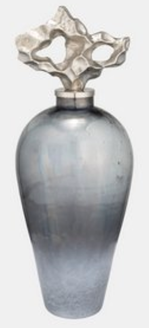 Textured Vase- Blue with Gray and Silver Metal