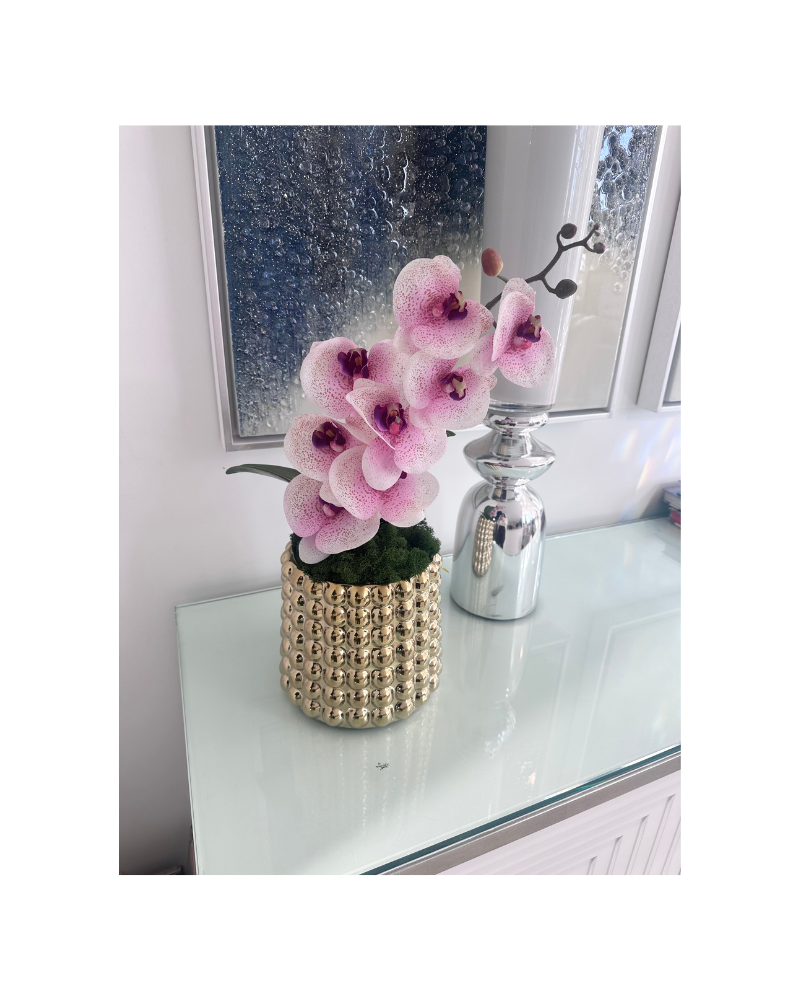 Pink Orchid in Gold Vessel - Pink/Gold