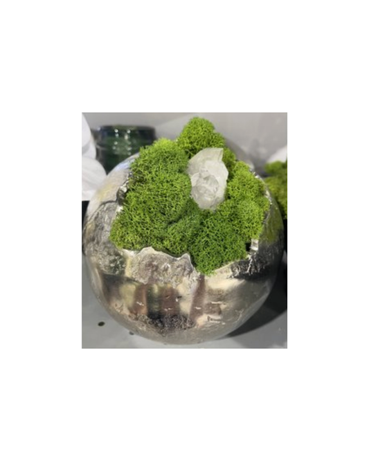 Chrome Ball with Moss and Stones - Silver